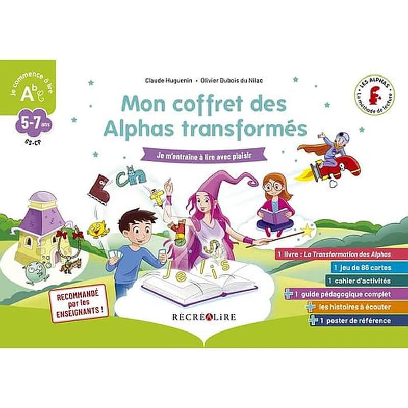 Mon coffret des Alphas transformés  - Je m'entraîne à lire avec plaisir. Contient : 1 livre, 1 jeu de 86 cartes, 1 cahier d'activités, 1 guide pédagogique, 1 poster, des histoires à écouter