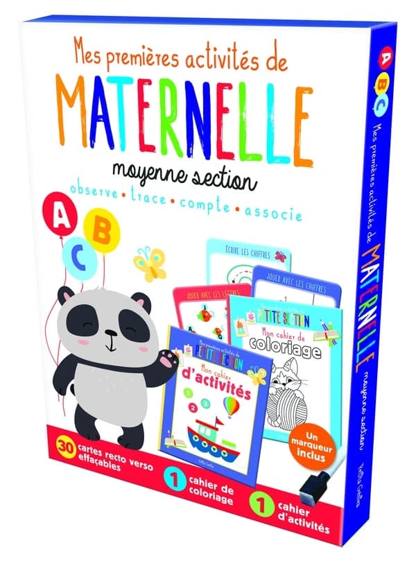 Mes premières activités de maternelle moyenne section : Avec 30 cartes recto verso effaçables, 1 cahier de coloriage, 1 cahier d'activités, un marqueur inclus