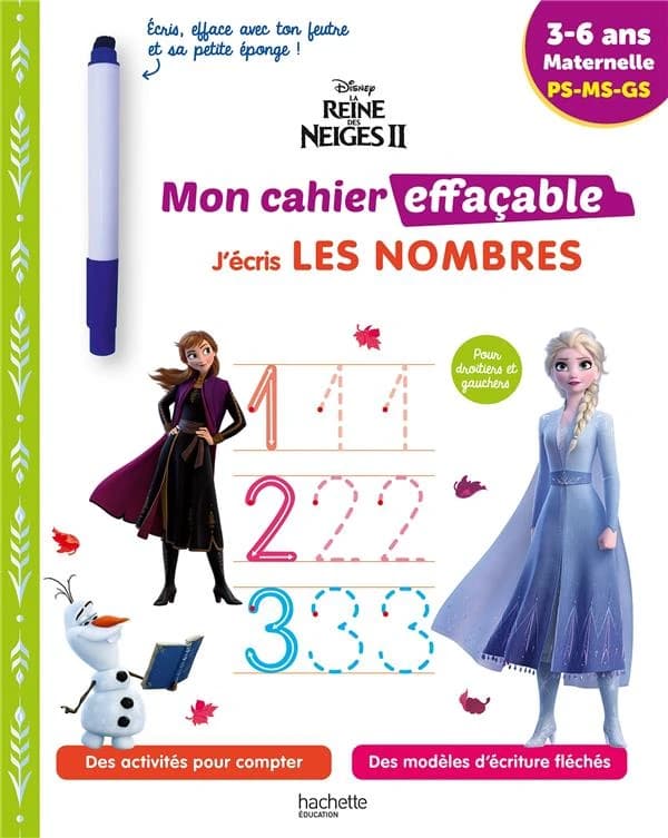 La Reine des Neiges 2 ; mon cahier effaçable ; j'écris les nombres ; PS, MS, GS