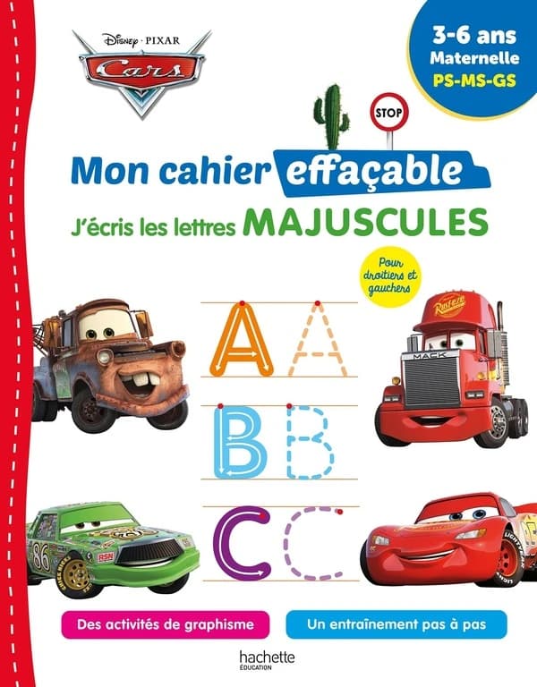 Cars ; Mon cahier effaçable ; J'écris les lettres majuscules