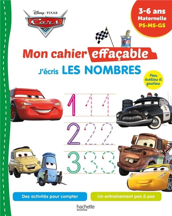 Cars ; Mon cahier effaçable ; J'écris les nombres
