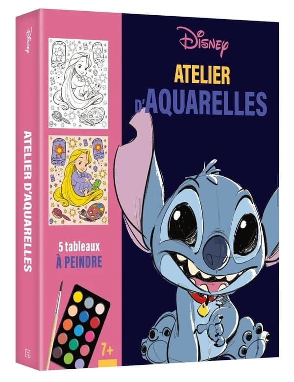 Atelier d'aquarelle : Disney : avec une palette, un pinceau et tampon mousse - coffret 5 tableaux à peindre : [Album à colorier]