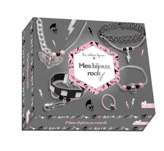 Mes bijoux Rock : Coffret avec des perles, des anneaux de liaison, 1 perle étoile, 1 perle tête de mort, 2 breloques guitare et papillon, 5 clous, 1 fermoir griffe, 1 ras-de-cou, 1 ruban en similicuir, du fil métallisé, une chaîne