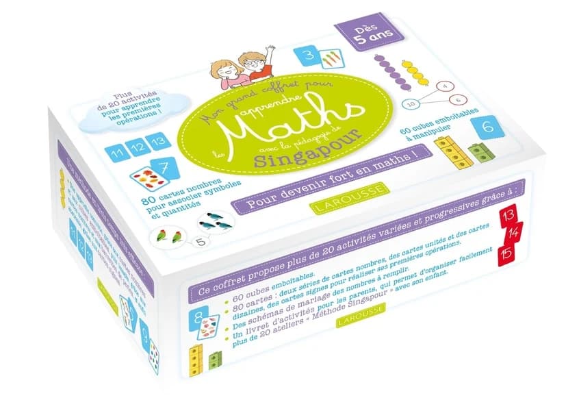 Mon grand coffret pour apprendre les maths avec Montessori et la pédagogie de Singapour : pour devenir fort en maths ! : plus de 20 activités pour apprendre les premières opérations !, 80 cartes nombres pour associer symboles et quantités, 60 cubes emboît