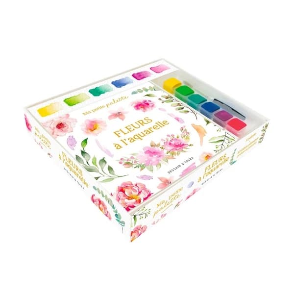Ma p'tite palette Fleurs à l'aquarelle : Coffret avec 1 palette, 10 planches prêtes-à-peindre et 1 pinceau