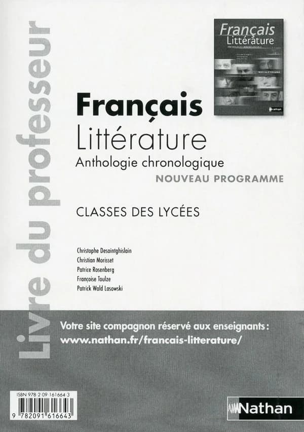 Francais litterature, anthologie chronologique ; classes des lycées ; livre du professeur 2011