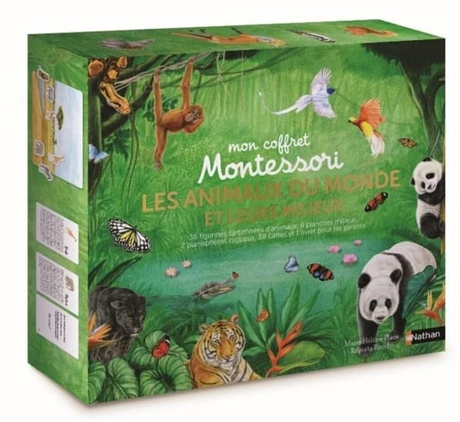 Les animaux du monde et leurs milieux : 36 figurines cartonnées d'animaux, 6 planches milieux, 2 planisfères rugueux, 38 cartes et 1 livret pour les parents