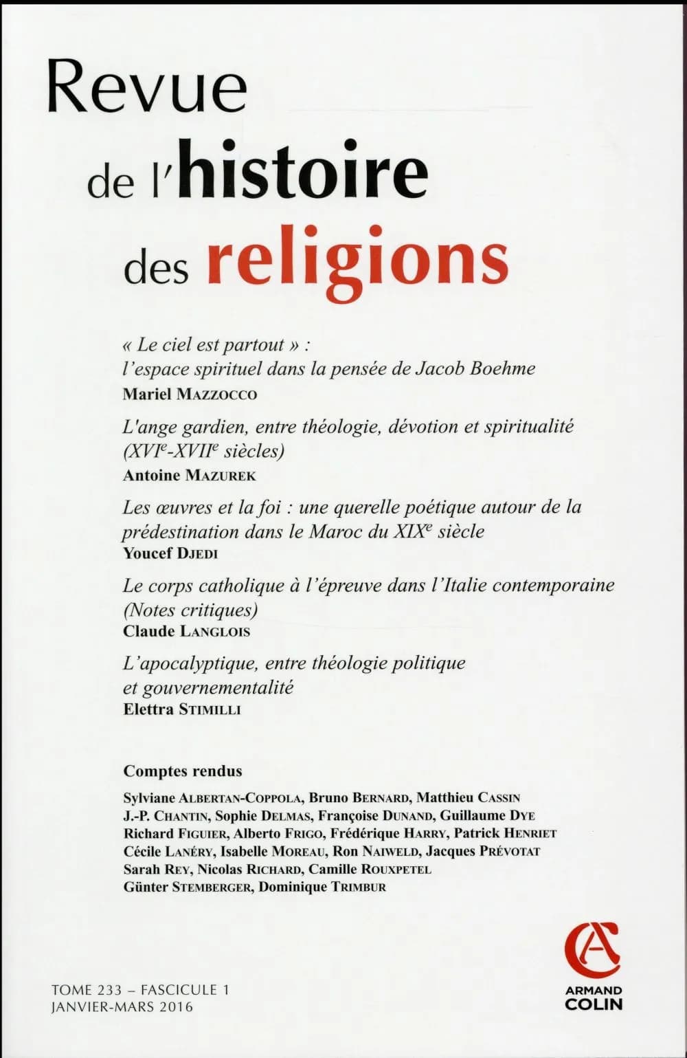 Revue de L'Histoire Des Religions - Tome 233 (1