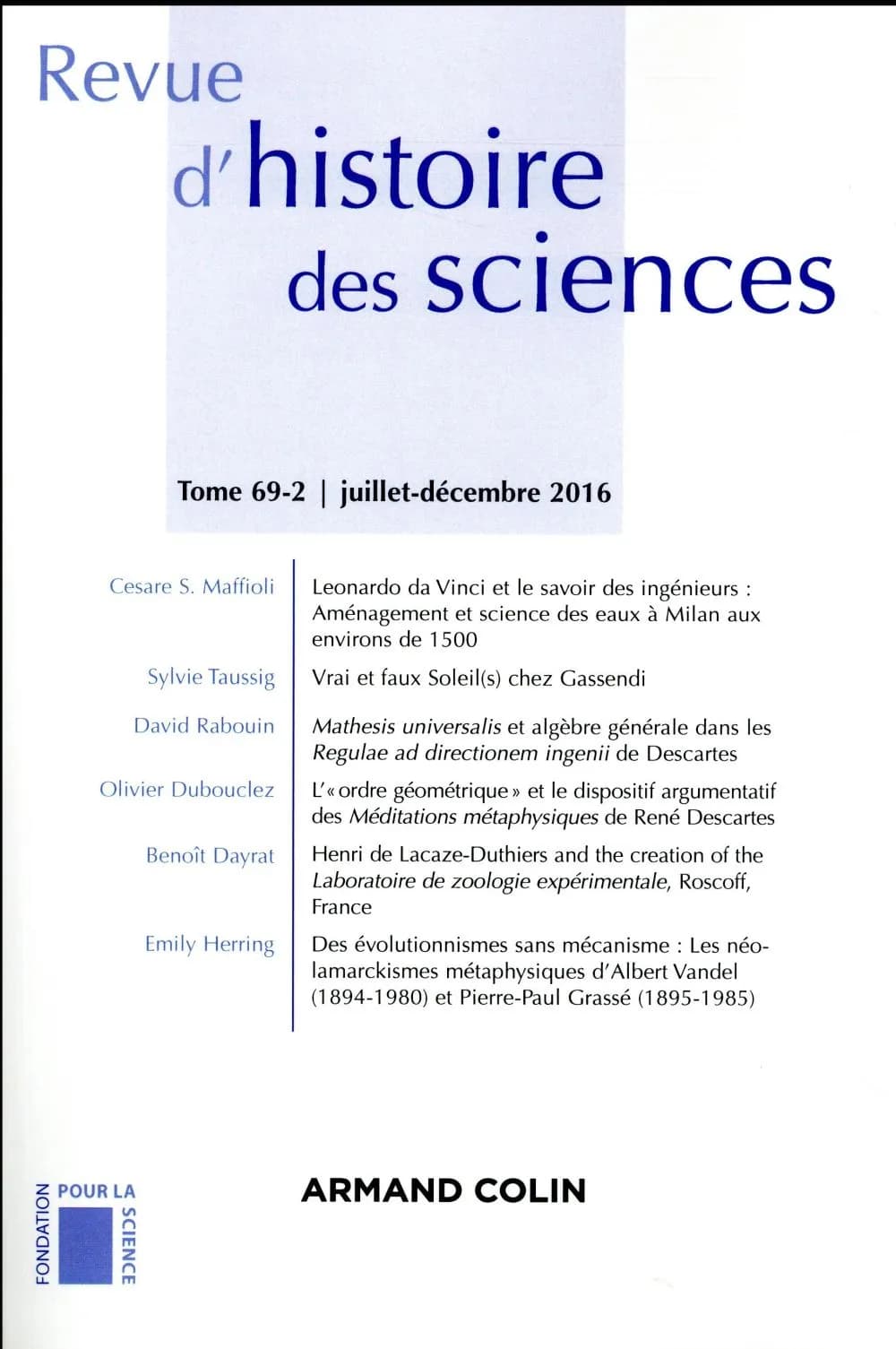 Revue D'Histoire Des Sciences (2