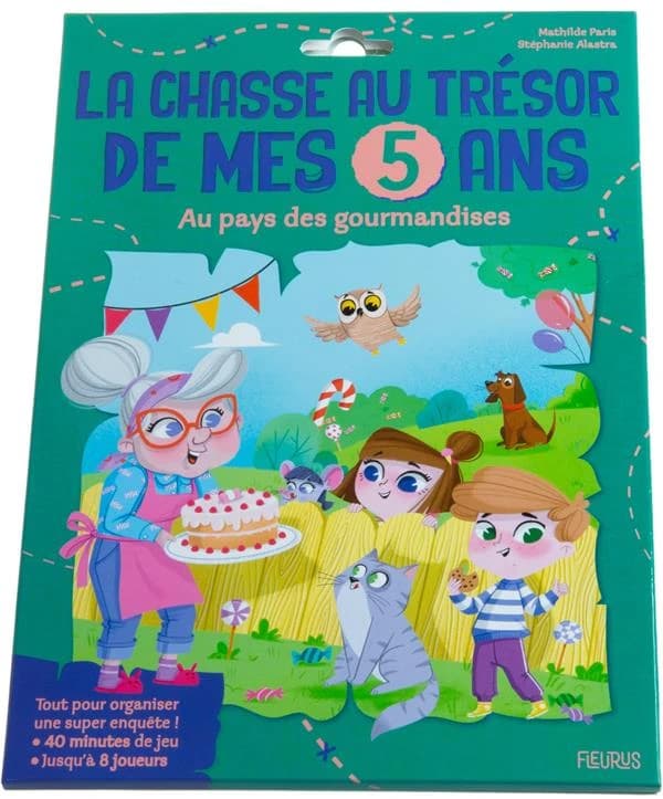La chasse au trésor de mes 5 ans : Au pays des gourmandises. Avec le livret d'instructions pour l'organisateur, 1 plateau de jeu à déplier, 1 pion à déplacer sur le plateau, des stickers à coller et des cartes-énigmes pour s'amuser tous ensemble