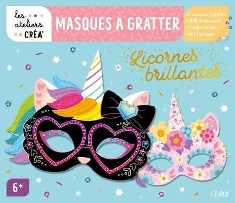 Masques à gratter licornes brillantes : Avec 7 masques, 100 strass colorés, 1 stylet en bois et de l'élastique