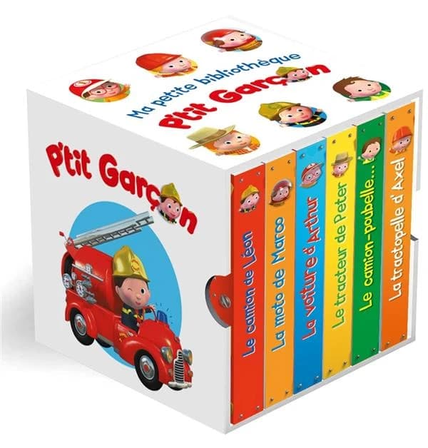 Ma petite bibliothèque : Coffret avec 6 livres : Le camion de Léon ; La moto de Marco ; La voiture d'Arthur ; Le tracteur de Peter ; Le camion-poubelle de Marcel ; La tractopelle d'Axel