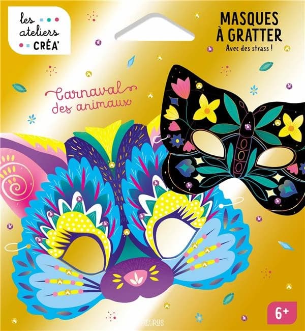 Masques à gratter Carnaval des animaux : Avec 7 masques, 100 strass autocollants, 1 stylet en bois et de l'élastique