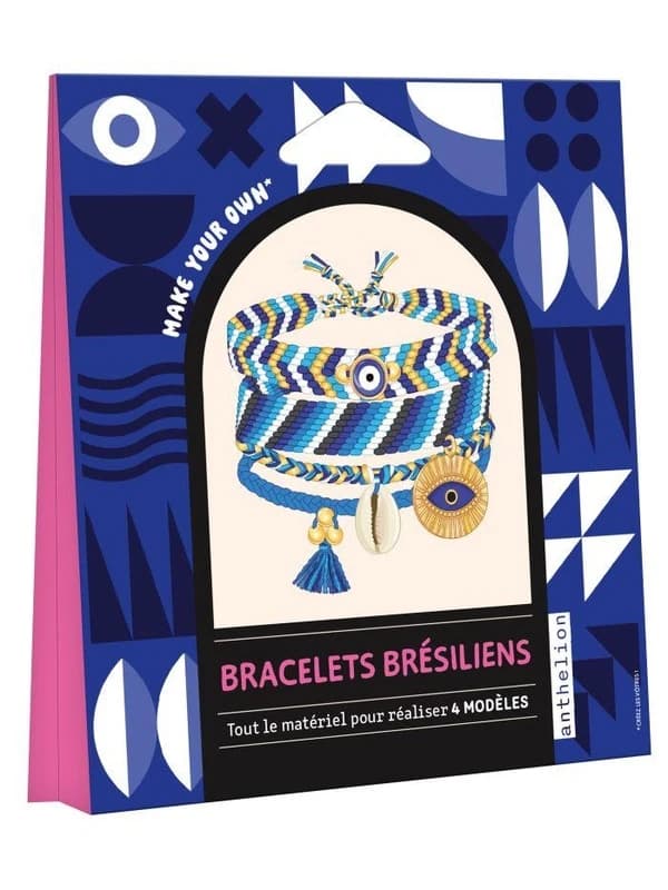 Bracelets brésiliens : Avec 5 échevettes de fil de coton, 3 mètres de fil doré, 1 breloque émaillée porte-bonheur, 1 perle oeil de la chance, 1 coquillage protecteur, 5 perles dorées