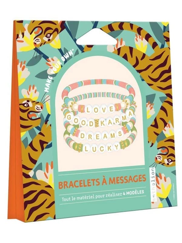 Bracelets à messages : Avec 24 perles lettres, plus de 700 perles heishi de 4 couleurs, 10 perles nacrées, 16 perles intercalaires dorées, 2 mètres de fil élastique