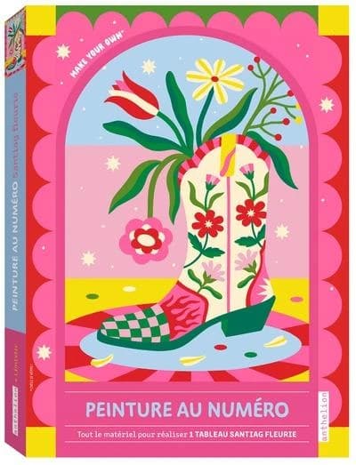 Peinture au numéro Santiag fleurie : Avec 1 tableau, 1 modèle couleur, 9 godets de peinture, 2 pinceaux, 1 crochet adhésif