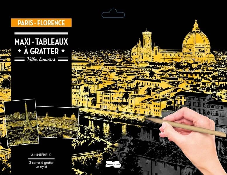 Maxi-tableaux à gratter : villes lumières : Paris-Florence : A l'intérieur : 2 cartes à gratter, un stylet