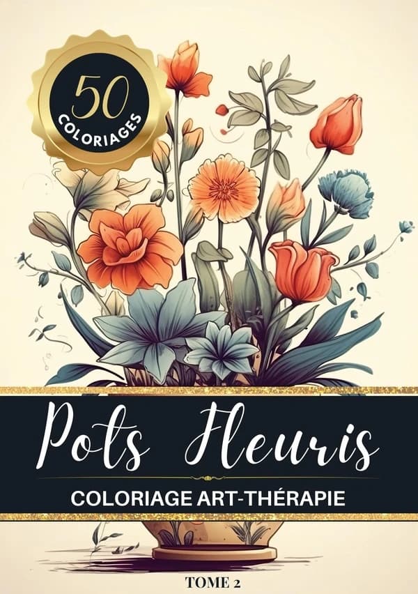 Pots Fleuris : Livre de coloriage chromathérapie et anti-stress pour adulte et senior : 50 dessins de bouquets de fleurs dans de jolis pots : [Album à colorier]