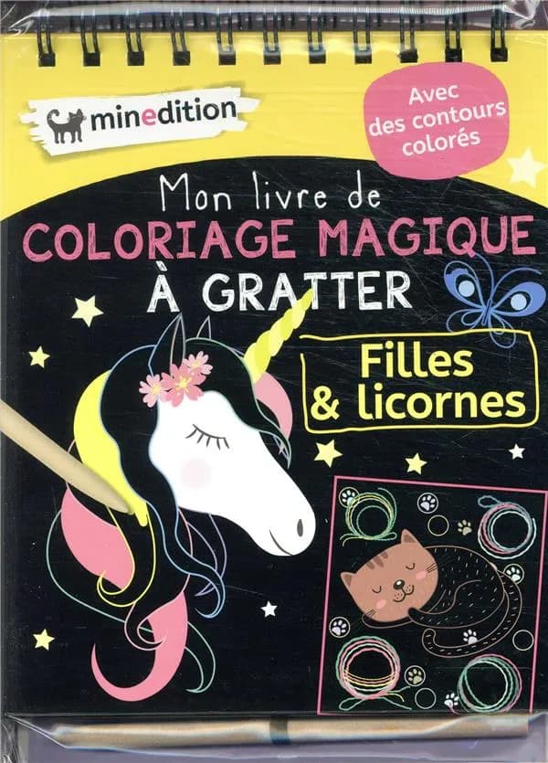 Mon livre de coloriage magique à gratter : filles & licornes : avec des contours colorés : [carte à gratter]