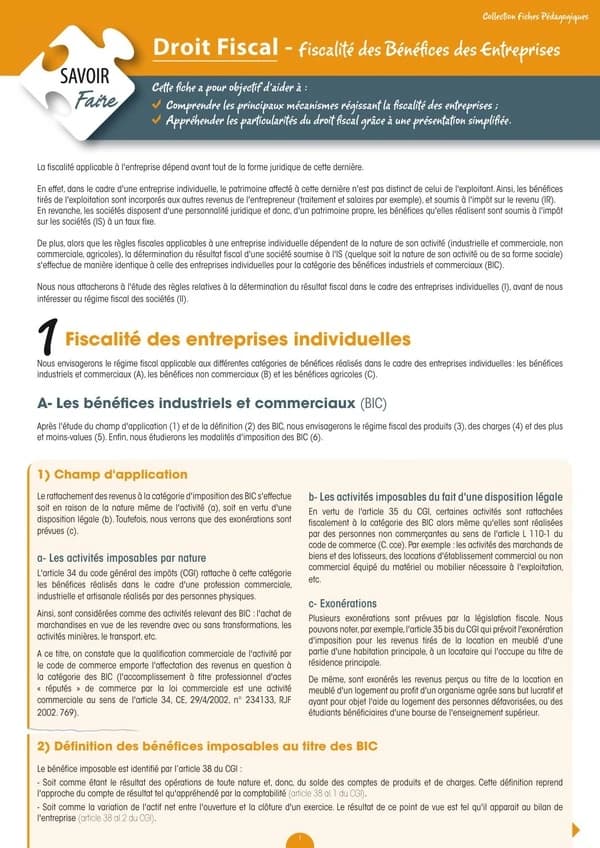 Droit fiscal ; fiscalité des bénéfices des entreprises