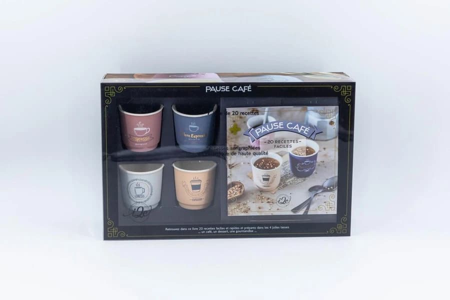 Pause café : Coffret avec 1 livre et 4 tasses sérigraphiées en céramique