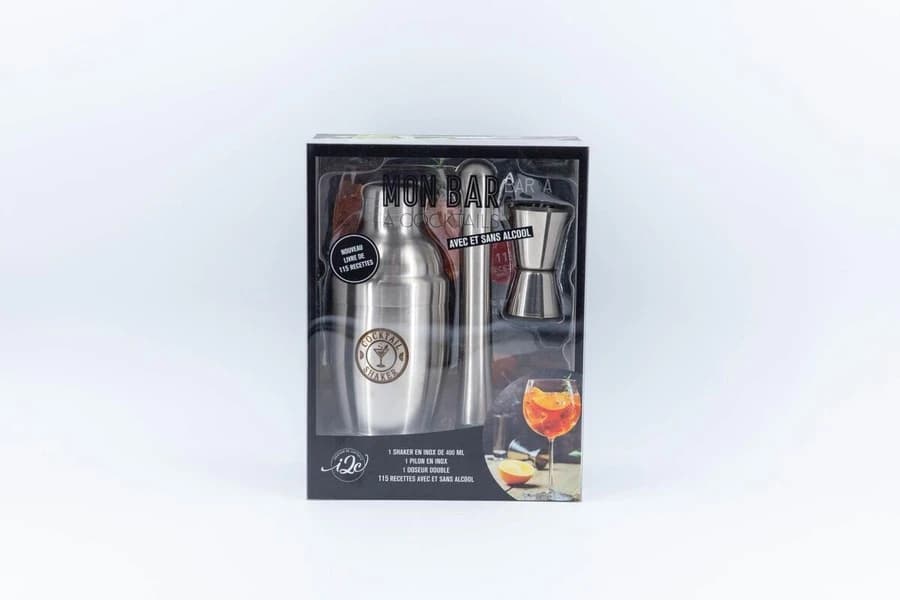 Mon bar à cocktails avec et sans alcool : Avec 1 shaker en inox de 400 ml, 1 pilon en inox, 1 doseur double et 1 livre de 115 recettes