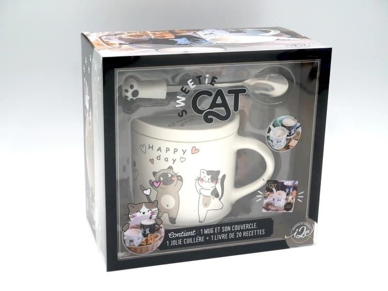 Sweetie cat : Coffret avec 1 mug, son couvercle et 1 jolie cuillère patte de chat