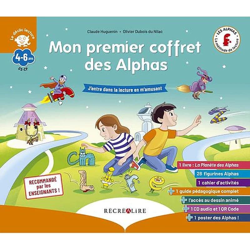 Mon premier coffret des Alphas : J'entre dans la lecture en m'amusant. Contient : 1 livre, 28 figurines, 1 cahier d'activités, 1 guide pédagogique, l'accès au dessin animé, 1 poster