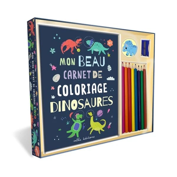 Mon beau coffret de coloriage dinosaures : Un livre de coloriages, 8 crayons de couleur, un taille-crayon et des stickers