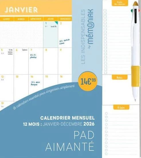 Calendrier mensuel Pad aimanté avec stylo 4 couleurs janvier-décembre (édition 2026)