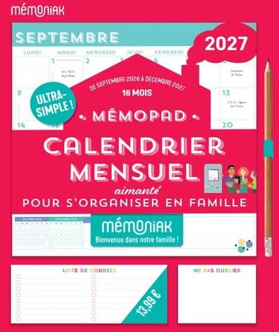 Mémopad : Calendrier mensuel aimanté pour s'organiser en famille : De septembre à décembre (édition 2026