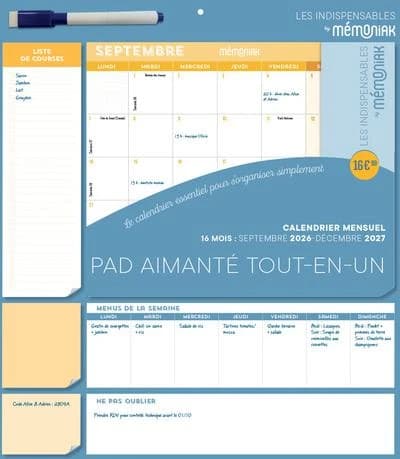 Mémoniak : Pad aimanté tout-en-un : Calendrier mensuel : De septembre à décembre (édition 2026