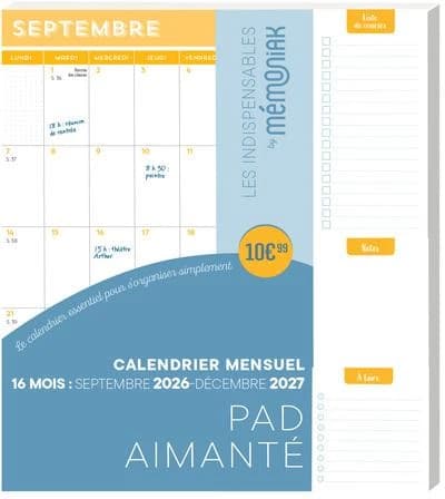 Mémoniak : Pad aimanté : Calendrier mensuel : De septembre à décembre (édition 2026
