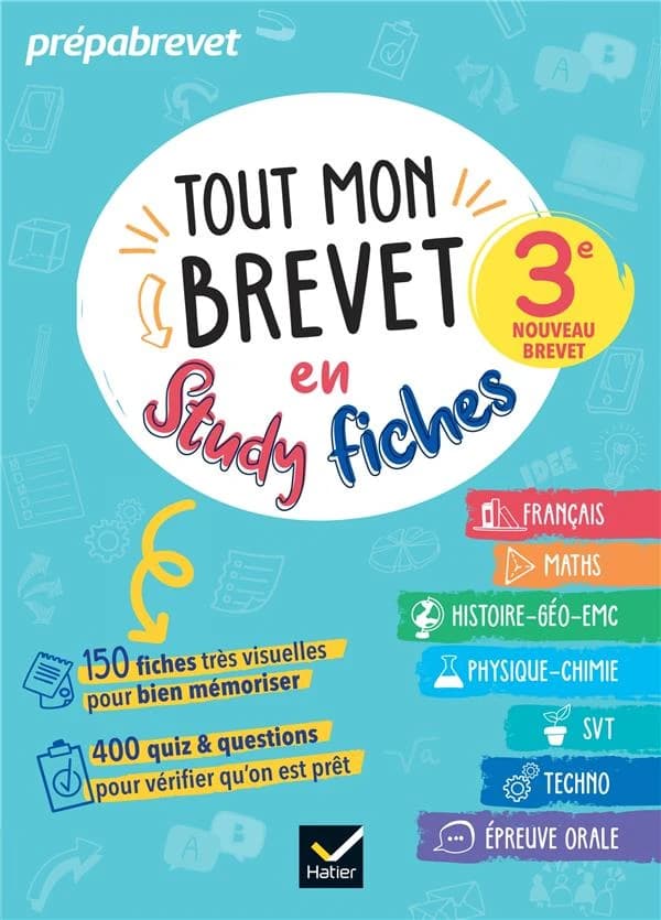 Tout mon brevet en study fiches : 3e : maths, français, histoire-géographie EMC, physique-chimie, SVT
