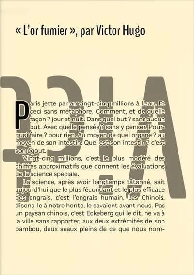 "L'or fumier", par Victor Hugo : livre-affiche, noir et blanc sur papier ivoire