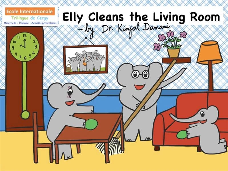 Elly cleans the living room