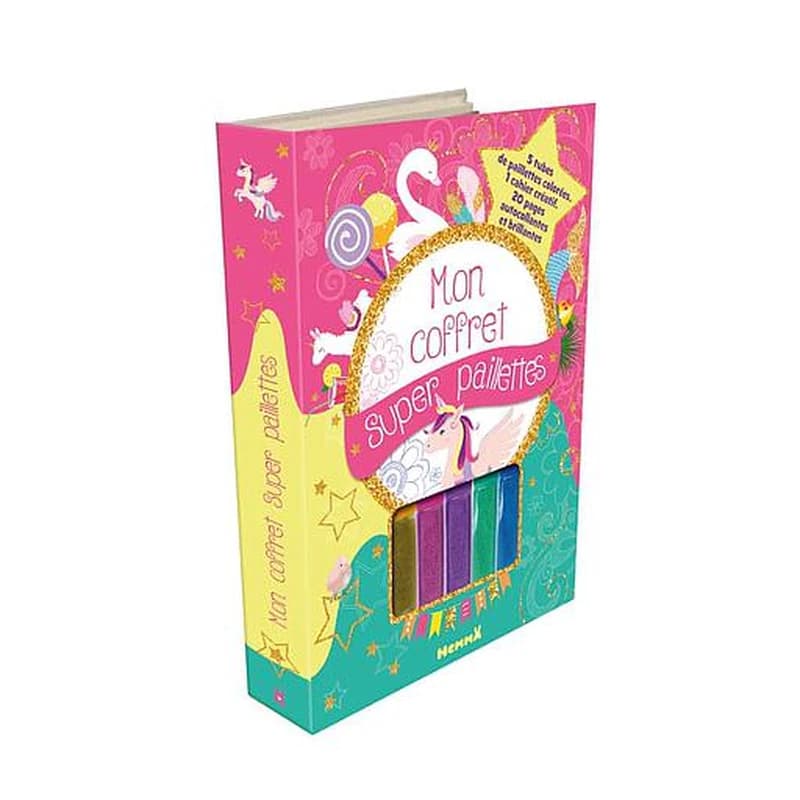 Mon coffret super paillettes - Avec 5 tubes de paillettes colorées, 1 cahier créatif, 20 pages autocollantes et brillantes