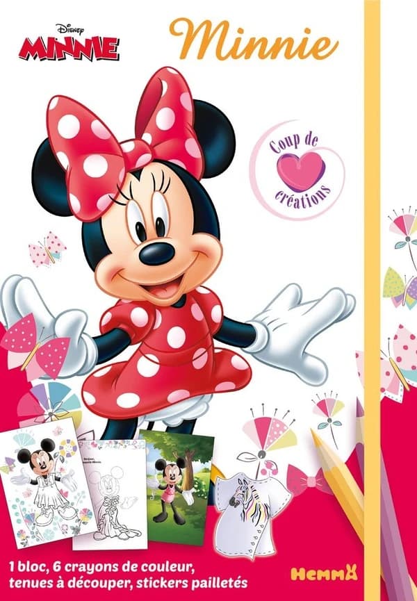 Minnie : coup de coeur créations : 1 bloc, 6 crayons de couleur, tenues à découper, stickers pailletés : [Album à colorier]