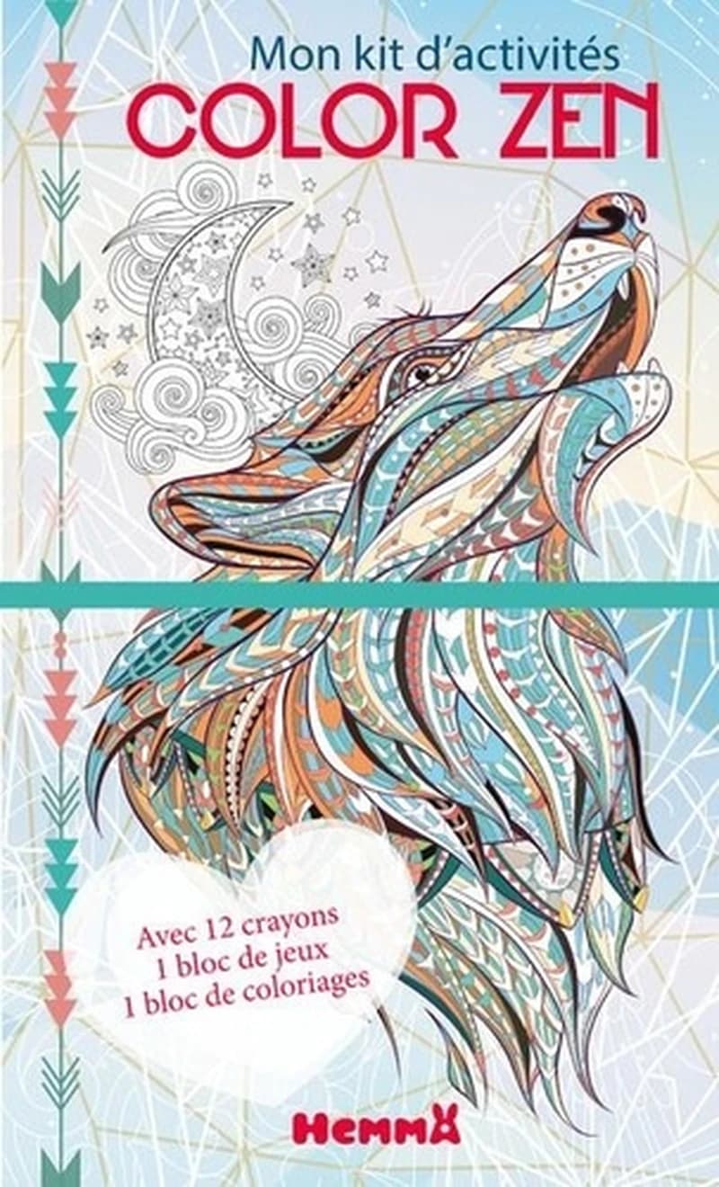 Mon kit d'activités Color zen Loup - Avec 12 crayons, 1 bloc de jeux, 1 bloc de coloriages