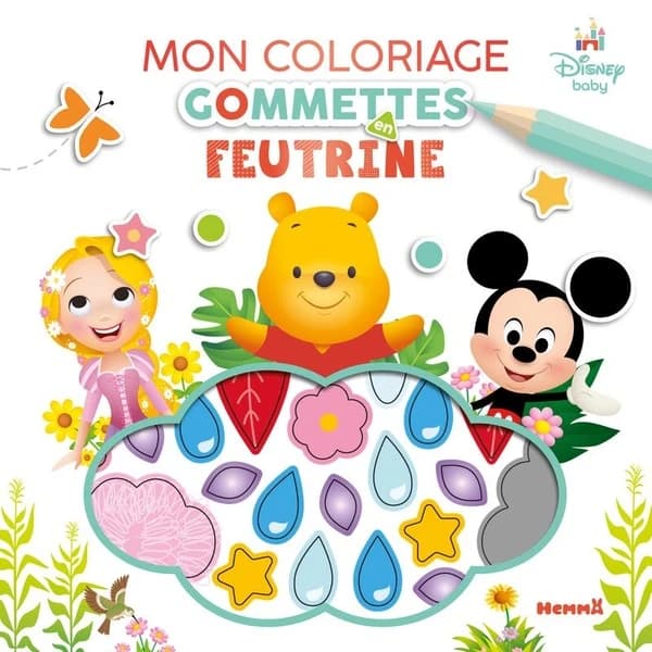 Mon coloriage gommettes en feutrine : Disney Baby : Raiponce, Winnie, Mickey