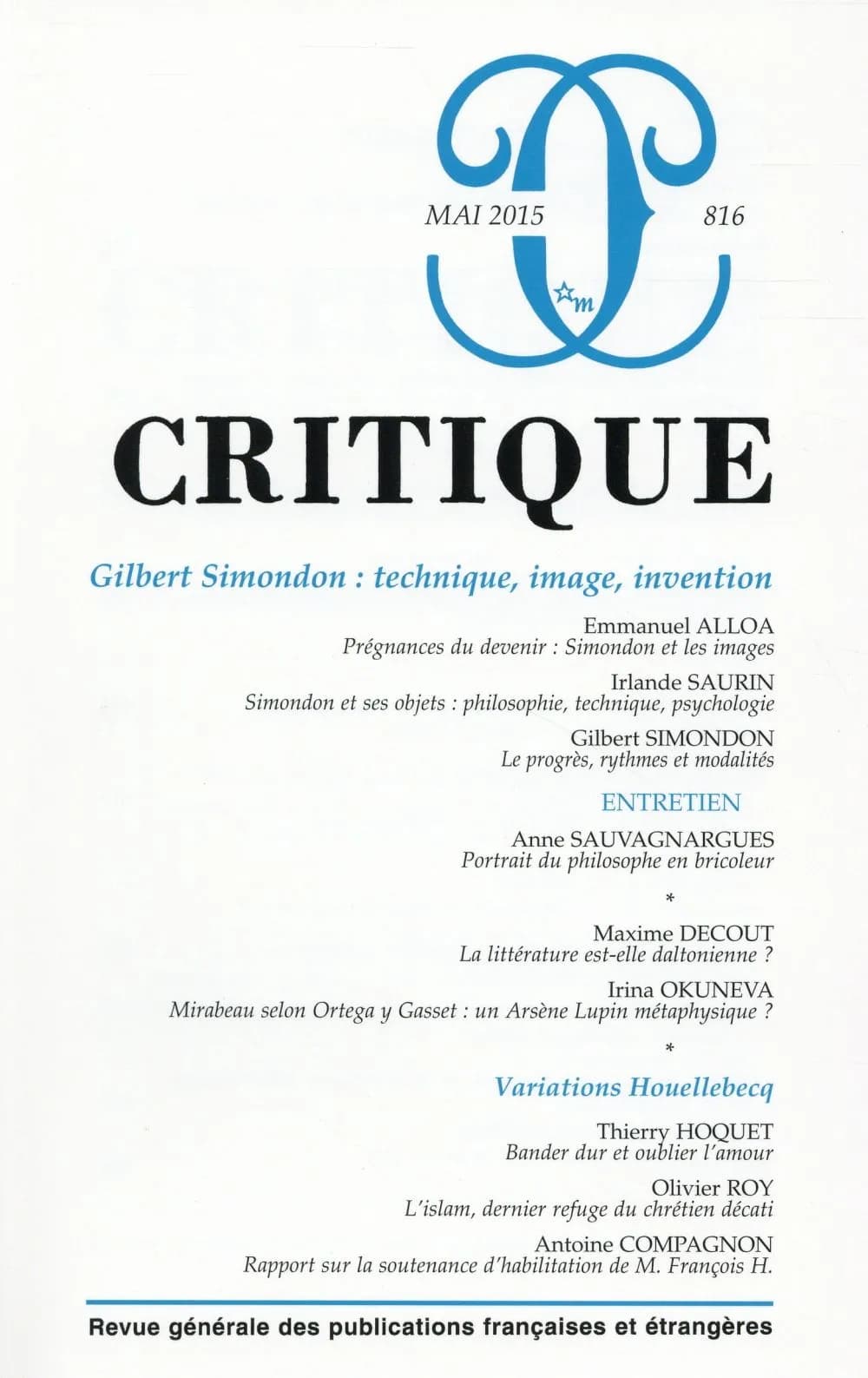 Revue Critique n.816 : Gilbert Simondon : technique, image, invention