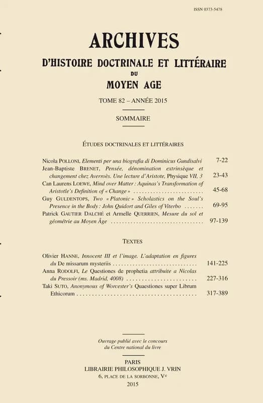 Archives d'histoire litteraire et doctrinale du moyen age t lxxxii (2015)