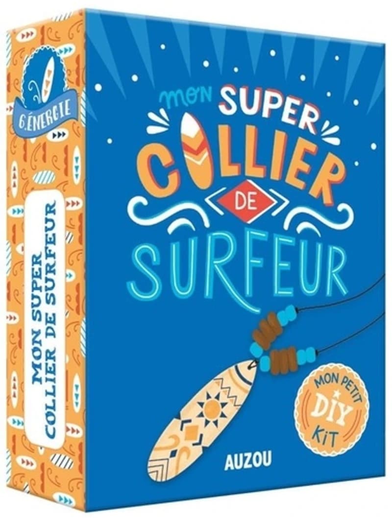 Mon super collier de surfeur - Avec des perles, 3 modèles possibles, un cordon noir style cuir et 2 planches de bois en forme de surf à colorier