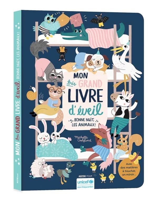 Mon très grand livre d'éveil : bonne nuit les animaux !, avec des matières à toucher, un miroir