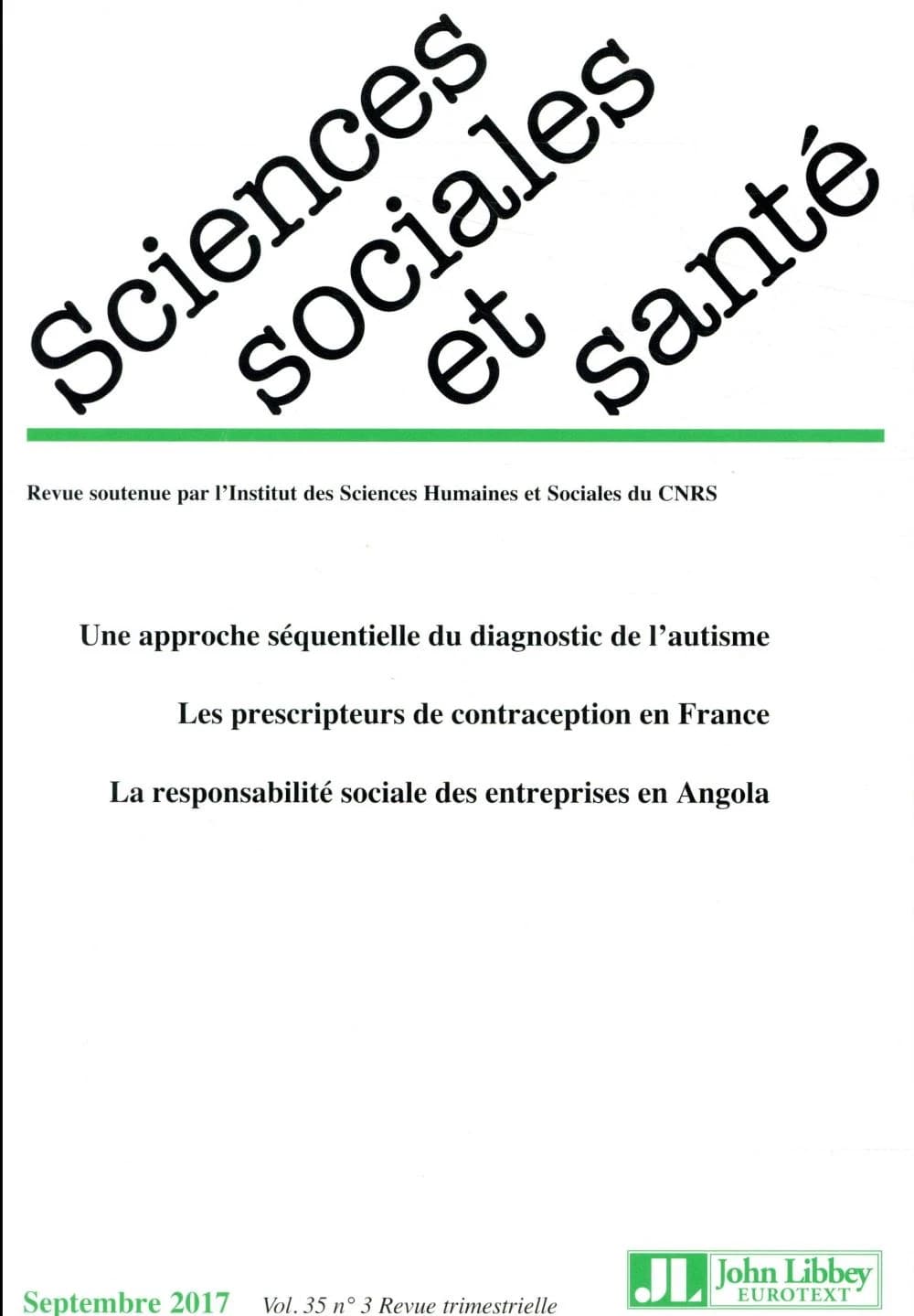 REVUE SCIENCES SOCIALES ET SANTE n.35 : une approche séquentielle du diagnostic de l'autisme ; n.3 ; septembre 2017