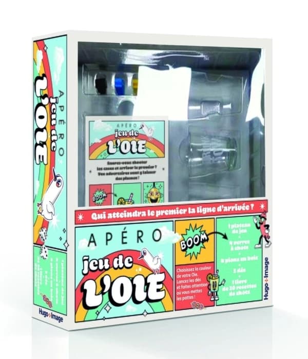 Apéro jeu de l'oie : Coffret avec 1 plateau de jeu, 4 verres à shots, 4 pions, 2 dés et 1 livre de recettes