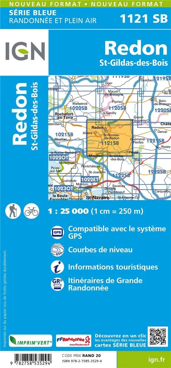 Redon : S[ain]t-Gildas-des-Bois (Éd. 1) réalisé et édité par l'Institut national de l'information géographique et forestière ; [surcharges] Fédération française de la randonnée pédestre