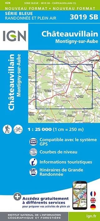 Châteauvillain : Montigny-sur-Aube (Éd. 1) réalisé et édité par l'Institut national de l'information géographique et forestière ; [surcharges] Fédération française de la randonnée pédestre