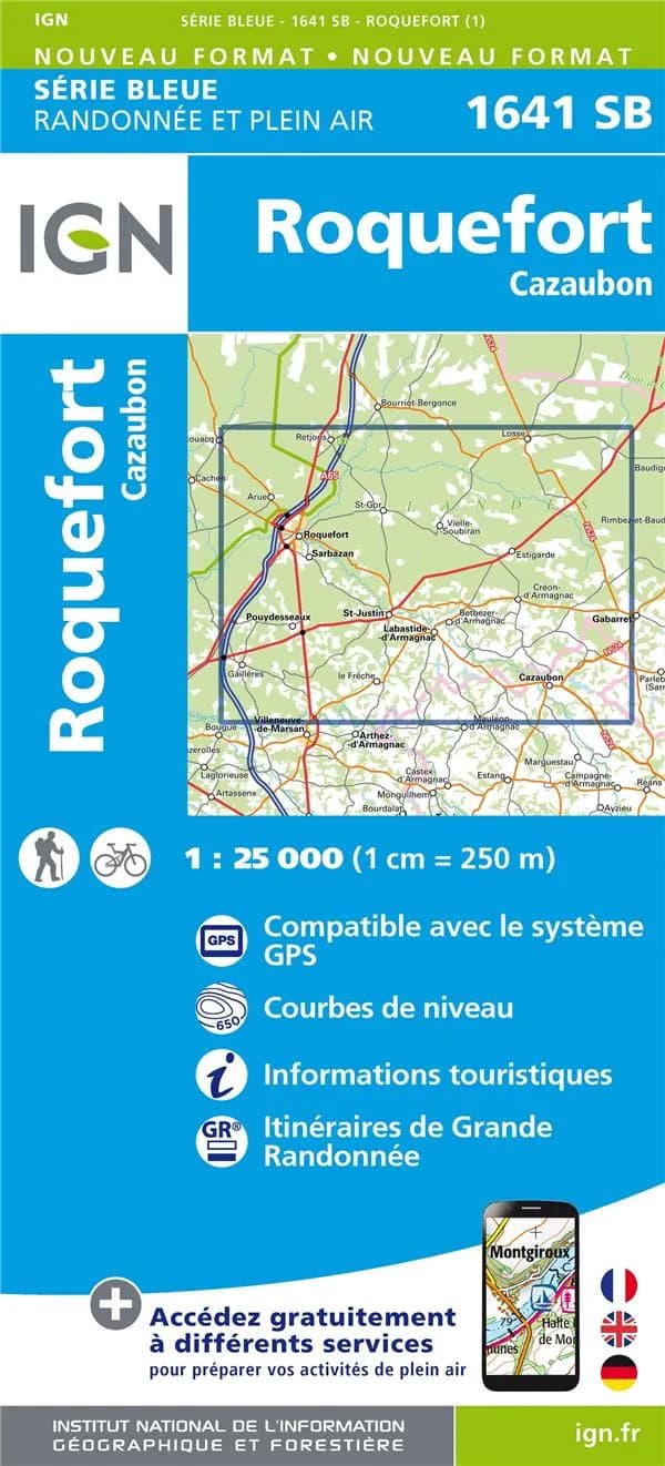 Roquefort : Cazaubon (Éd. 1) réalisé et édité par l'Institut national de l'information géographique et forestière ; [surcharges] Fédération française de la randonnée pédestre
