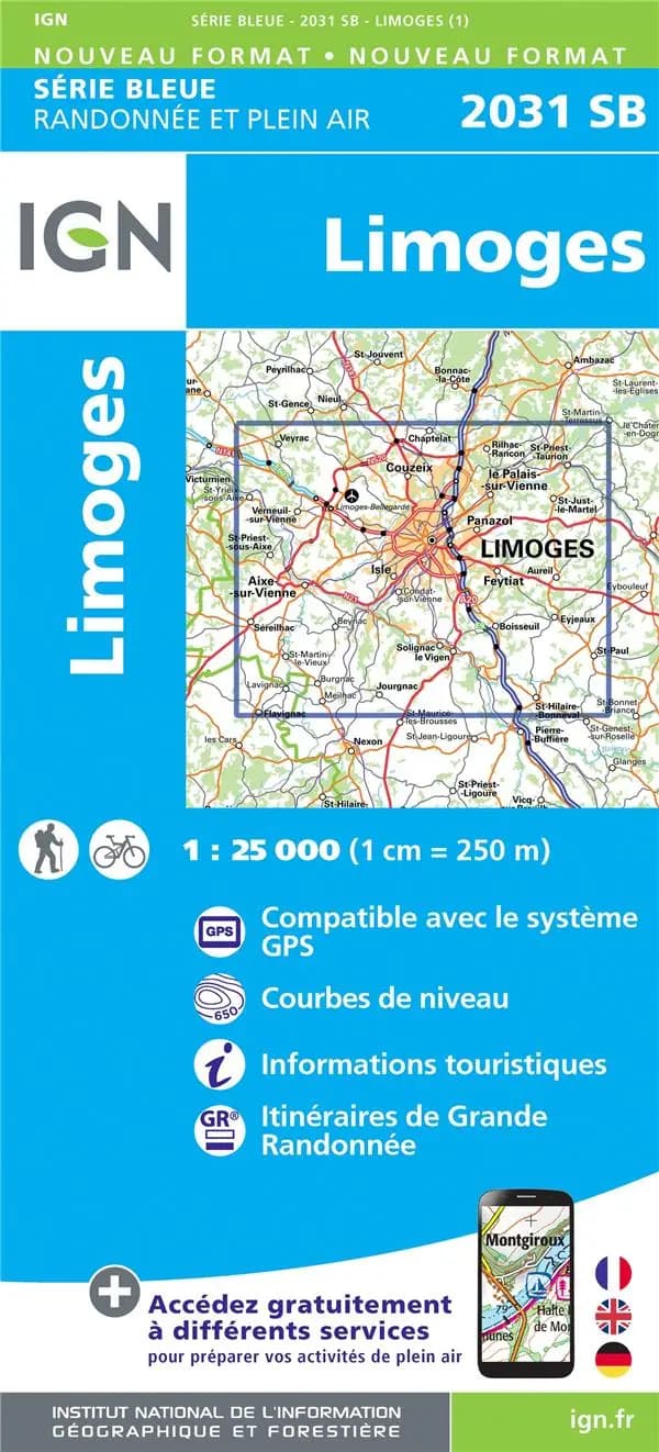 Limoges (Éd. 1) réalisé et édité par l'Institut national de l'information géographique et forestière ; [surcharges] Fédération française de la randonnée pédestre